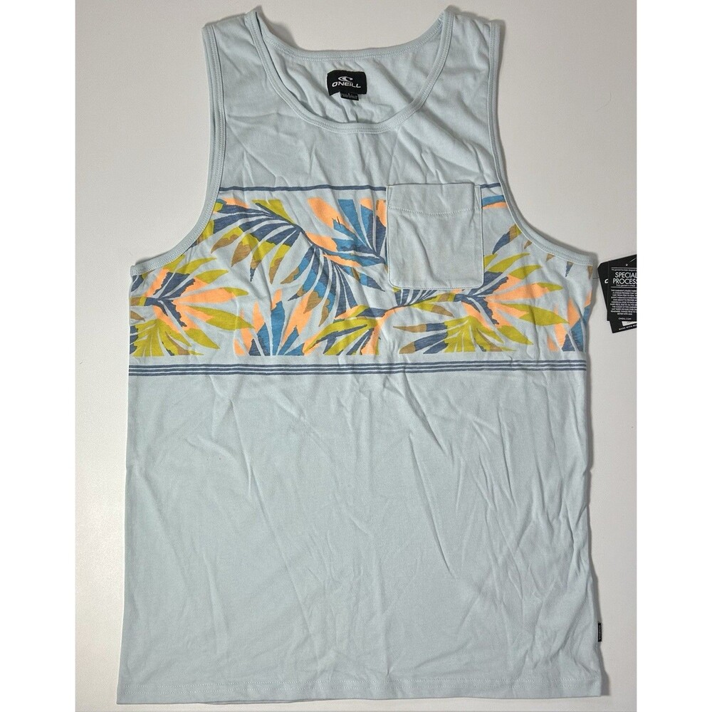 O'Neill Light Blue Heist Tank Top Palm Tree Print Small Standard Fit Beach Ocean